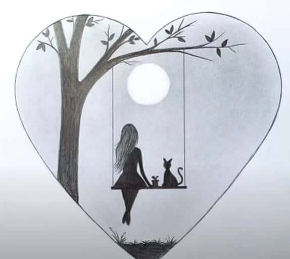 How to draw Alone Girl swinging in a tree | Girl on Swing in Moonlight