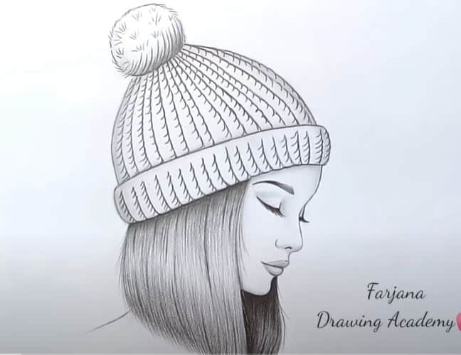 A girl wearing a winter hat Drawing with Pencil