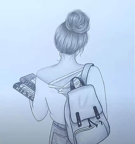 A Girl with School Bag Drawing with pencil