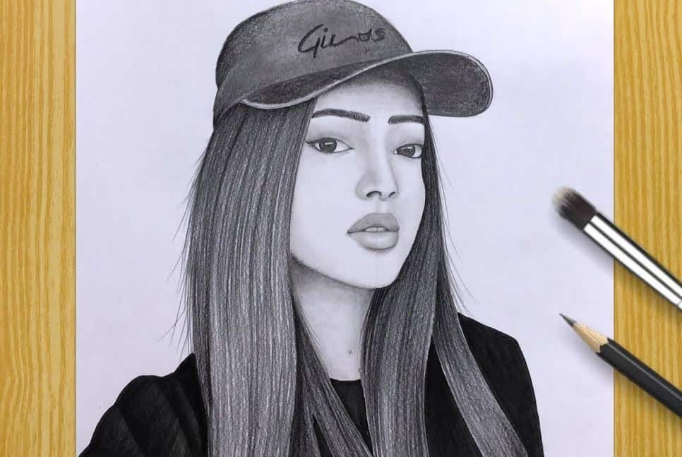 Beautiful Girl with Cap Drawing with Pencil