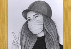 Cute Girl Drawing with a Wearing Mask