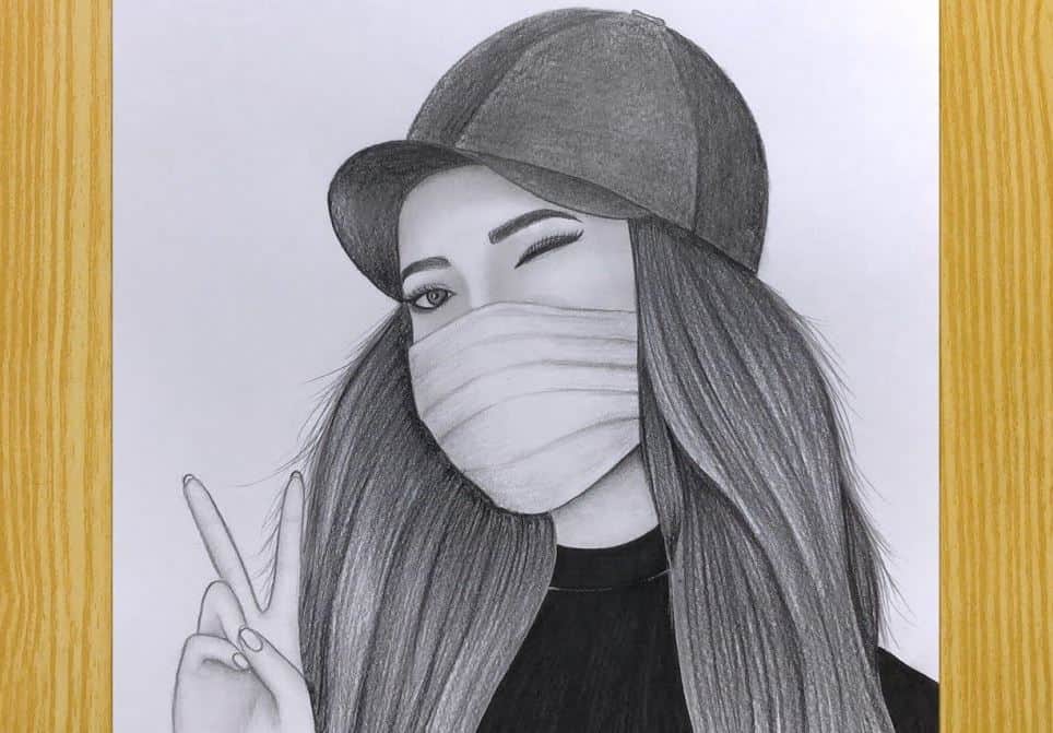 Cute Girl Drawing with a Wearing Mask Step by Step