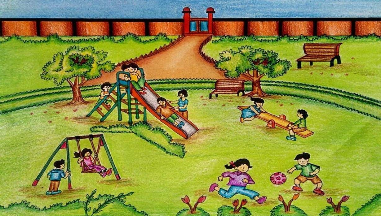 How To Draw A Playground || Park scenery Drawing