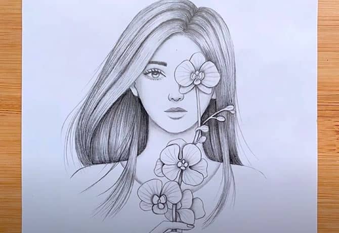 How to draw a girl with Flower with Pencil