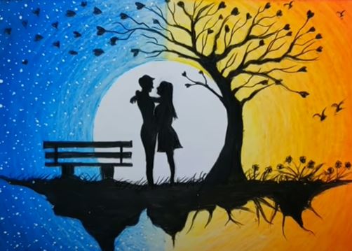 Romantic Couple Drawing Step by Step || Scenery Drawing