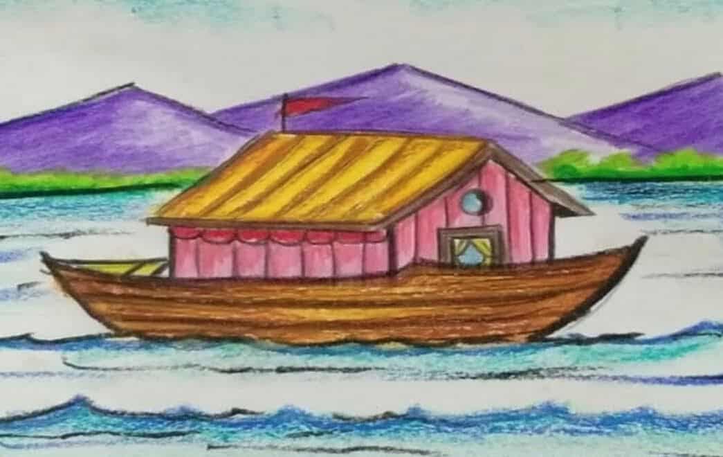 How to Draw a Houseboat Step by Step || Landscape Drawing