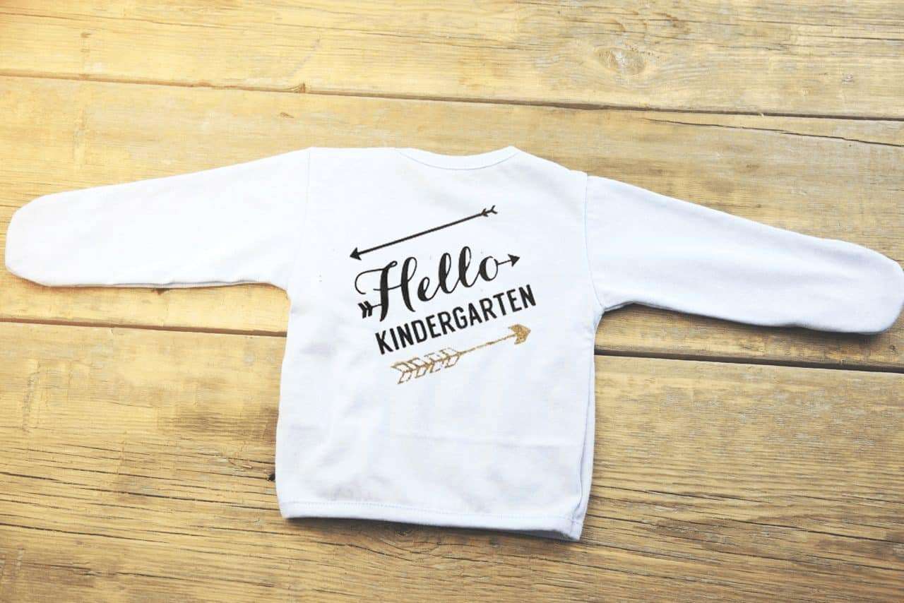 White children's T-shirt with "Hello Kindergarten" design for back-to-school.