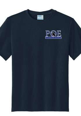 Youth Navy Performance T-Shirt with POE Elementary School Logo.