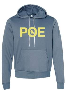 Hoodie with Poe Elementary logo and Bella Canvas branding, perfect for school spirit.