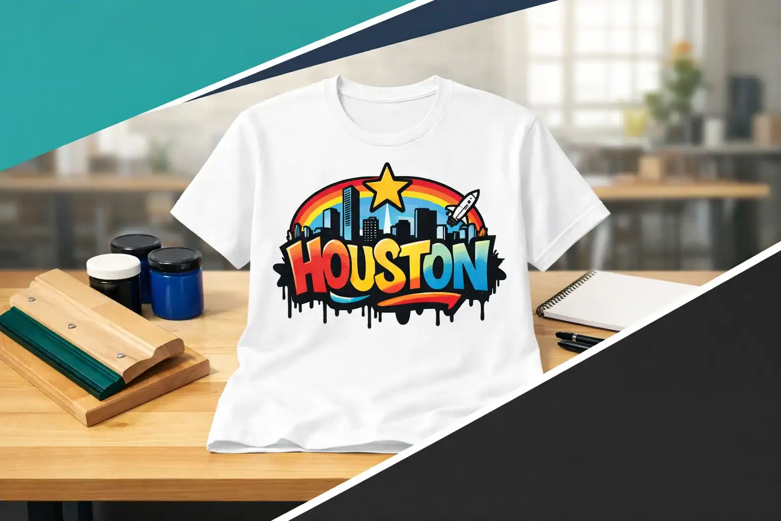 Custom Houston city t-shirt with vibrant skyline and rainbow design for urban fashion.