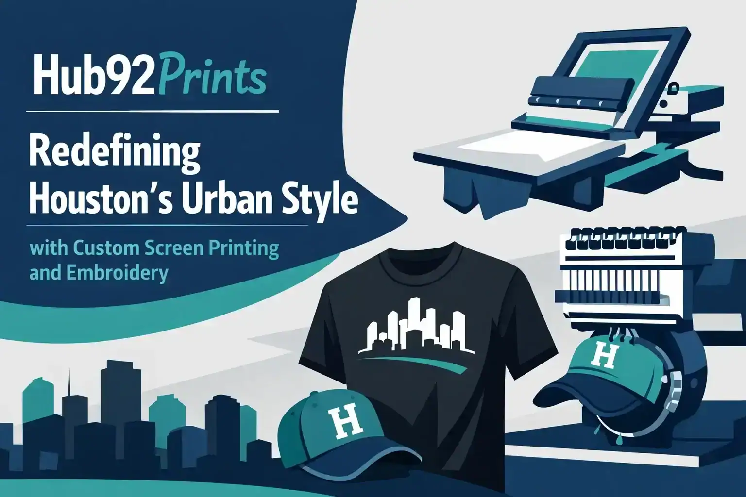 Custom screen printing and embroidery services in Houston, Texas.