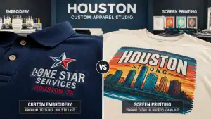 Custom embroidery and vibrant screen printing services in Houston, TX for high-quality apparel and p.