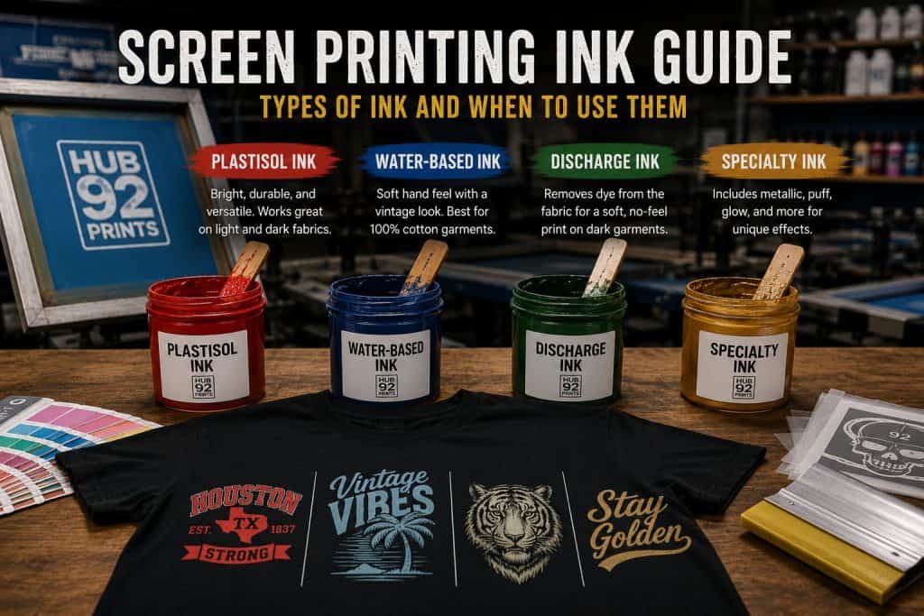Screen printing ink guide featuring plastisol, water-based, discharge, and specialty inks displayed in a professional print shop with custom printed t-shirts, ink containers, and screen printing equipment.