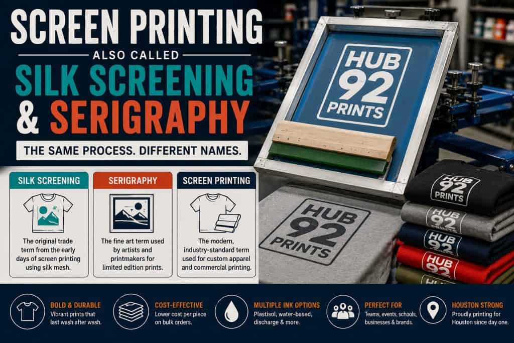 Screen printing terminology infographic explaining that screen printing, silk screening, and serigraphy are different names for the same apparel printing process, featuring a professional print shop setup, mesh screen frame, custom printed shirts, and commercial garment printing equipment.