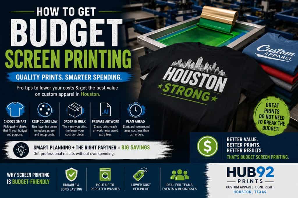 Budget screen printing infographic featuring custom printed Houston t-shirts, commercial screen printing equipment, plastisol ink setup, affordable apparel printing tips, bulk order savings, artwork preparation guidance, and professional custom apparel production in a Houston print shop.
