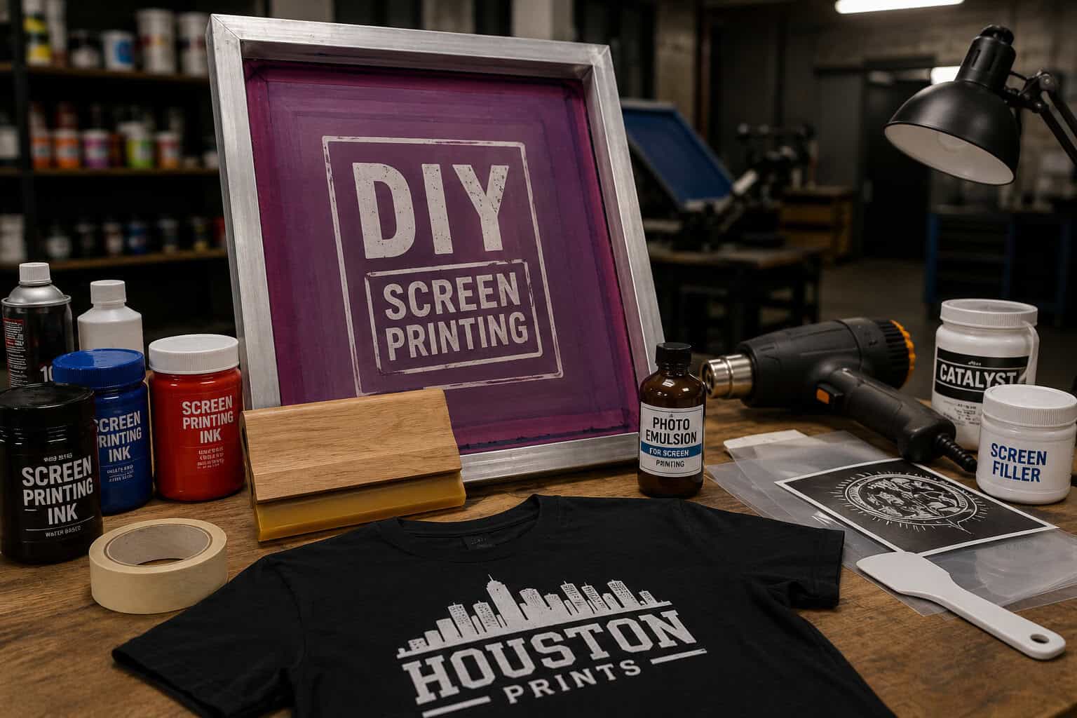DIY screen printing supplies setup featuring mesh screen frame, screen printing inks, photo emulsion, squeegee, heat gun, and custom printed t-shirt inside a professional Houston print shop workspace.