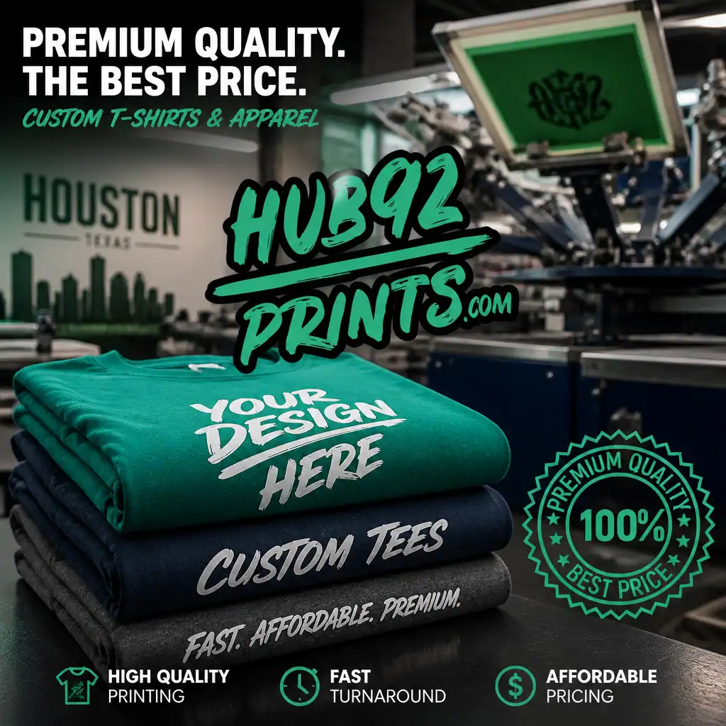 Custom T-shirts and apparel printing at HUB92 Prints in Houston, Texas.