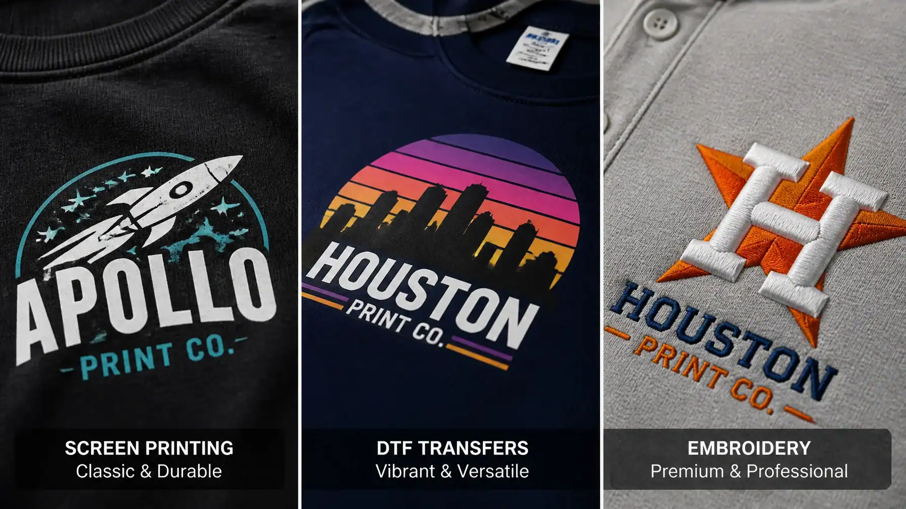 Comparison of screen printing vs DTF vs embroidery textures for custom apparel