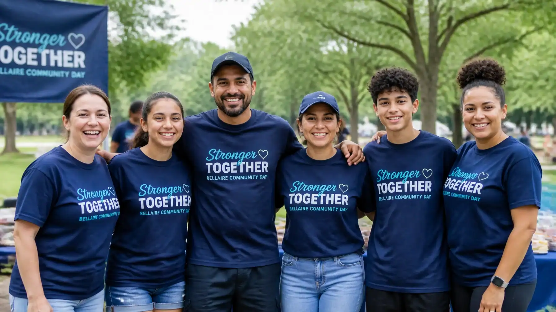 Community members in Bellaire TX wearing custom event t-shirts at a local park