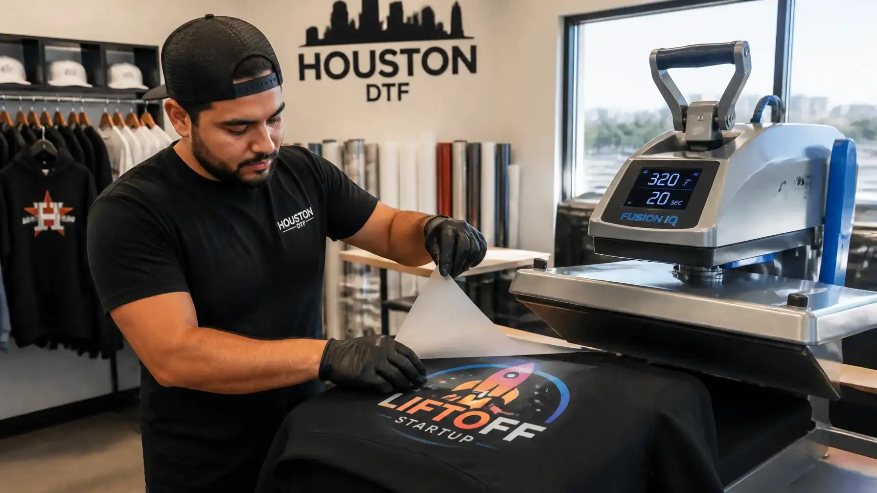 High-quality custom t-shirt printing process at HUB92PRINTS in Houston, TX. Perfect for startups, ev.