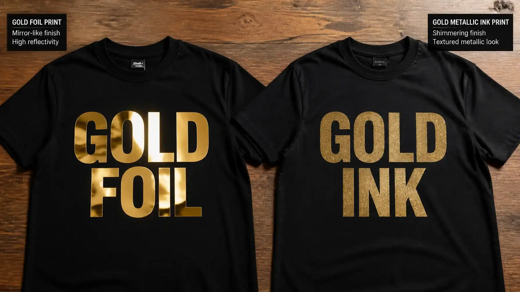 Comparison shot showing the difference between mirror-like gold foil and shimmering gold ink