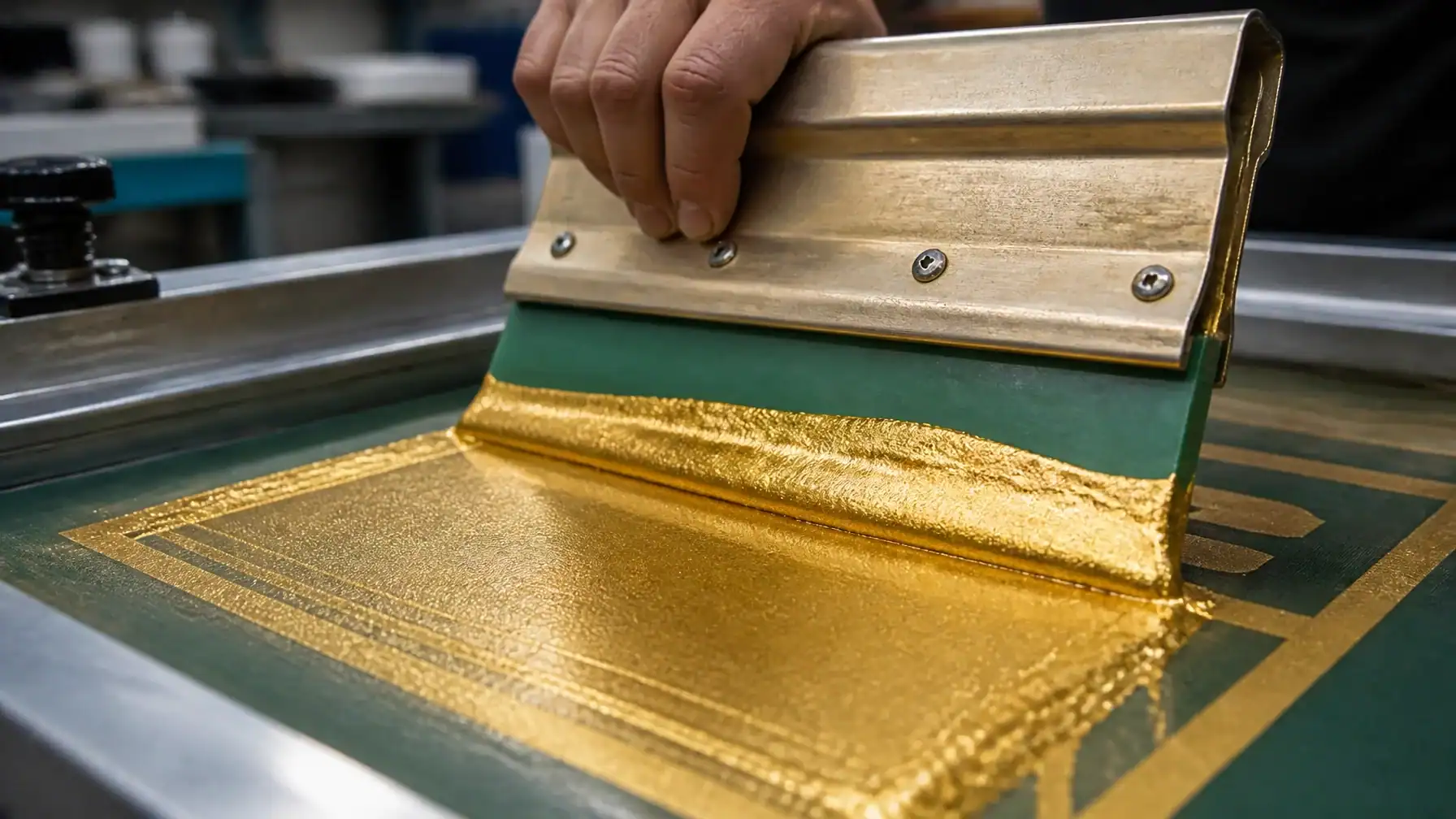 A professional printer pulling metallic gold screen print  ink through a screen with a squeegee