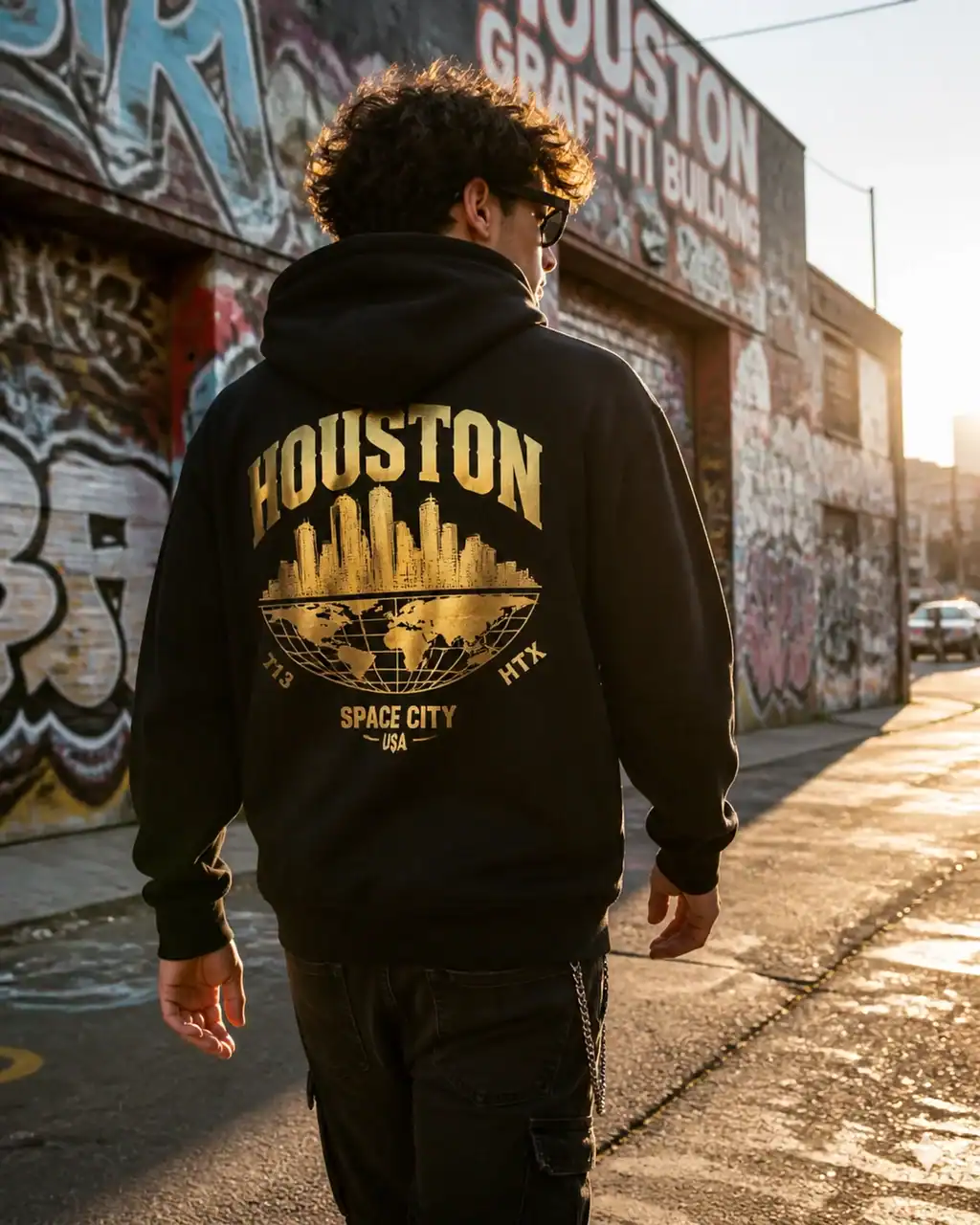 Model wearing a black hoodie with a metallic gold print walking in the Houston Graffiti District