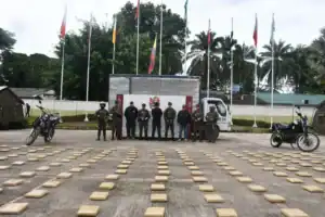 Incautan 2,5 toneladas de marihuana en operación militar entre Huila y Caquetá, con presencia de fuerzas armadas y autoridades. La droga fue encontrada en un operativo contra el narcotráfico.