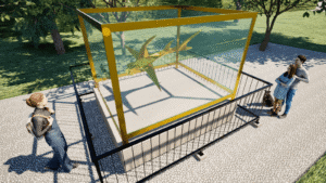 Exhibición de oso de nopal en parque temático en Huila, Colombia, con visitantes observando el atractivo interactivo en un ambiente natural y familiar, promoviendo turismo y cultura local.