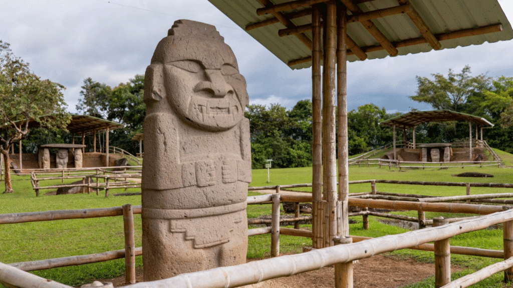 Ancón de piedra prehispánica en Huila, Colombia, sito arqueológico con esculturas y monumentos históricos en medio de vegetación y áreas verdes.