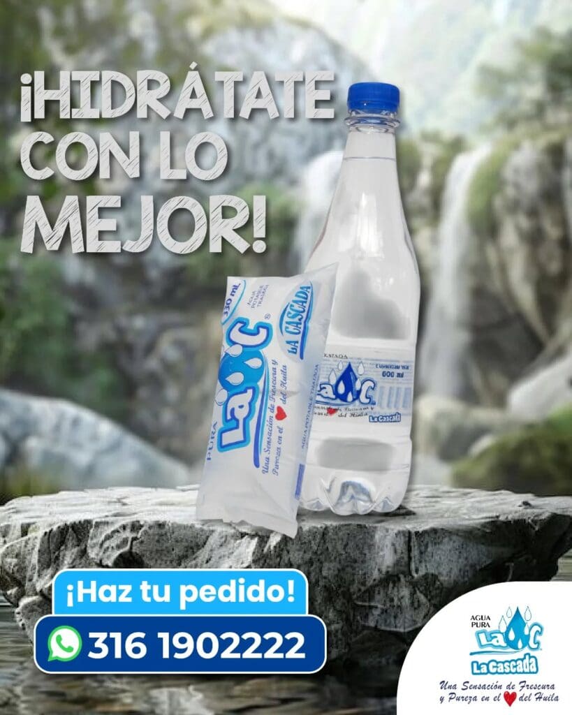 Refresca tu día con agua pura La Cascada, la mejor opción en Huila, Colombia. ¡Haz tu pedido ahora y disfruta de la frescura natural! 316 1902222.