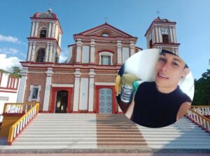 Imagen de una iglesia en Guadalupe con un joven en primer plano, relacionada con la noticia del hallazgo de un ciudadano venezolano muerto en zona rural.