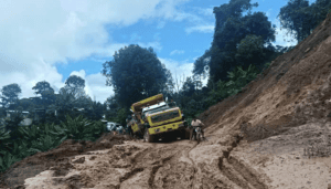 Deslizamiento de tierra en Huila causado por fuertes lluvias, afectando caminos y comunidades. Equipo de emergencia trabaja para despejar la vía y garantizar la seguridad.