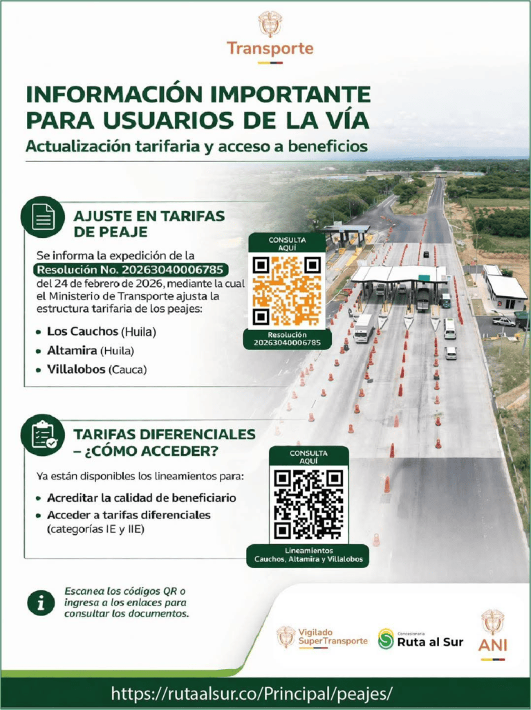Tarifas actualizadas en peajes del Huila y Cauca para mejorar la movilidad y beneficios para los usuarios.