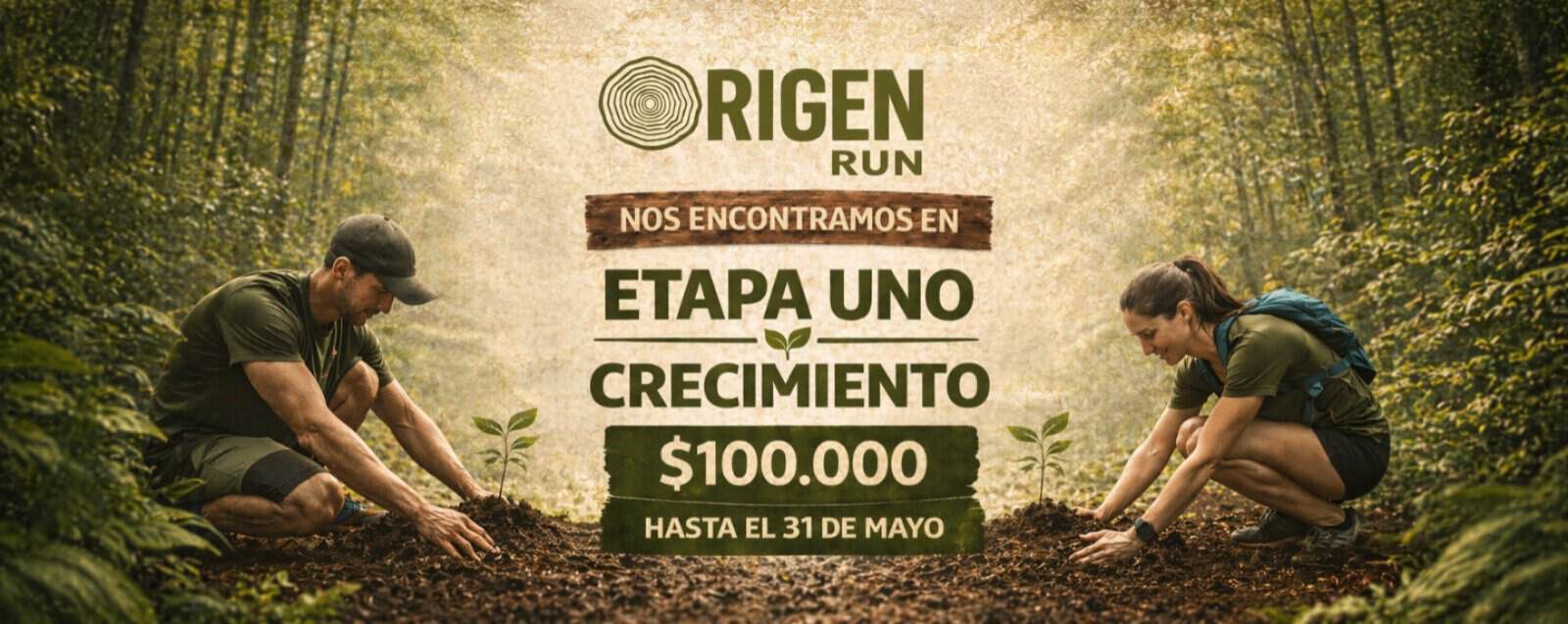 Árboles jóvenes plantados en un bosque por dos personas.