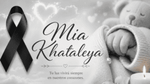 Lazo negro con fondo de bebé dormido y vela, símbolo de luto y memoria en homenaje a Mia Khatalega, con mensaje de amor y recuerdo en Huila TV.