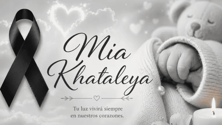 Lazo negro con fondo de bebé dormido y vela, símbolo de luto y memoria en homenaje a Mia Khatalega, con mensaje de amor y recuerdo en Huila TV.