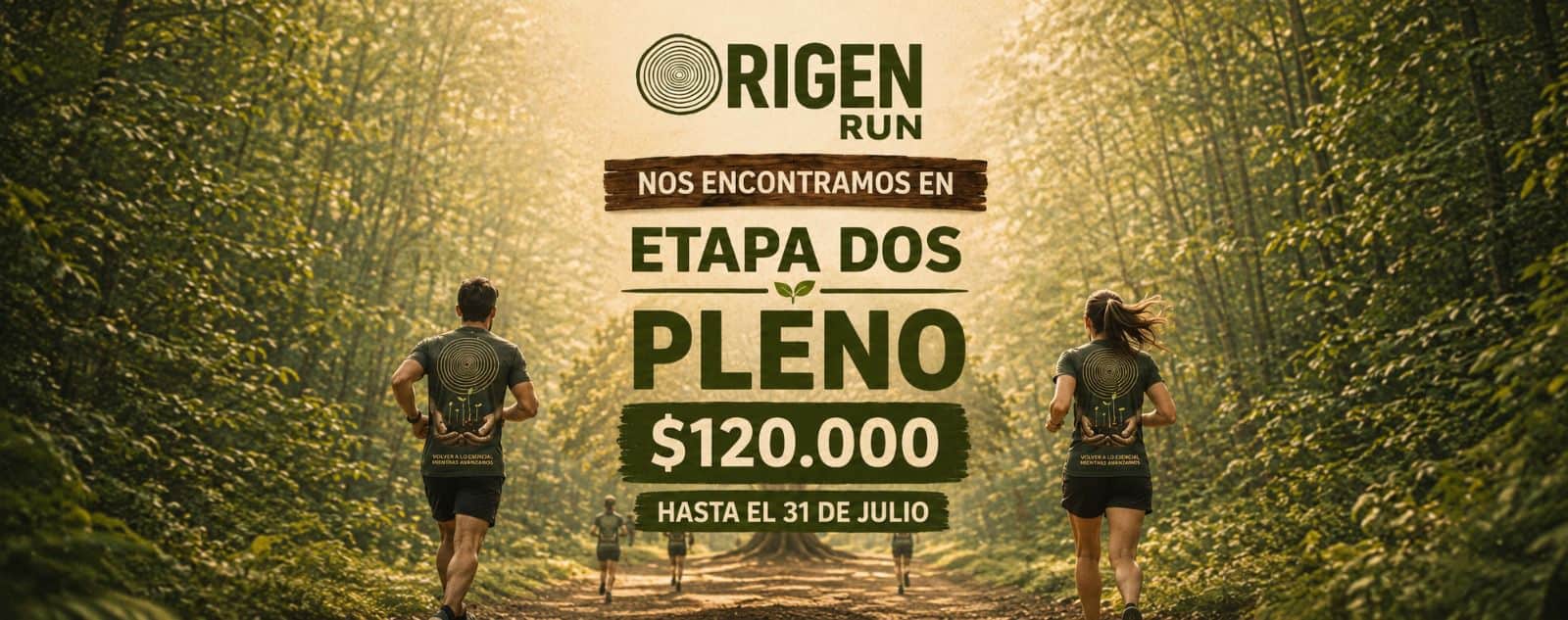 Corredores participando en la etapa dos del Rigen Run en un sendero rodeado de naturaleza y árboles verdes, promoviendo salud y bienestar en Huila.