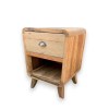 Handmade round bedside table with one drawer and shelf, crafted from reclaimed teak wood in Bali with rustic finish and natural colours.