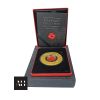 War Poppy Collection Symbol of Remembrance Edition by Jacqueline Hurley – acrylic poppy painted with Somme soil, 24 ct gold-plated surround engraved with lines from “In Flanders Fields,” limited edition commemorative coin.