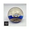 Detail view of Selkirk Glass coronet paperweight with deep blue ground and controlled bubbles