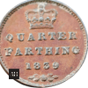Surface condition of 1839 quarter farthing copper coin showing natural wear and patina