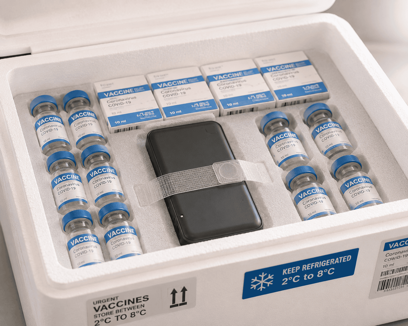 Blac Supply Chain Monitoring Devices Wireless cargo monitoring devices and vaccine vials in a refrigerated box.