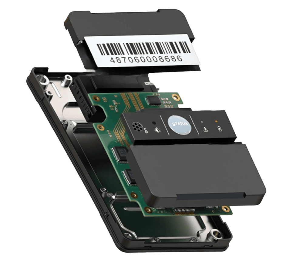 Smart cargo monitoring device with sensors and barcode scanner.