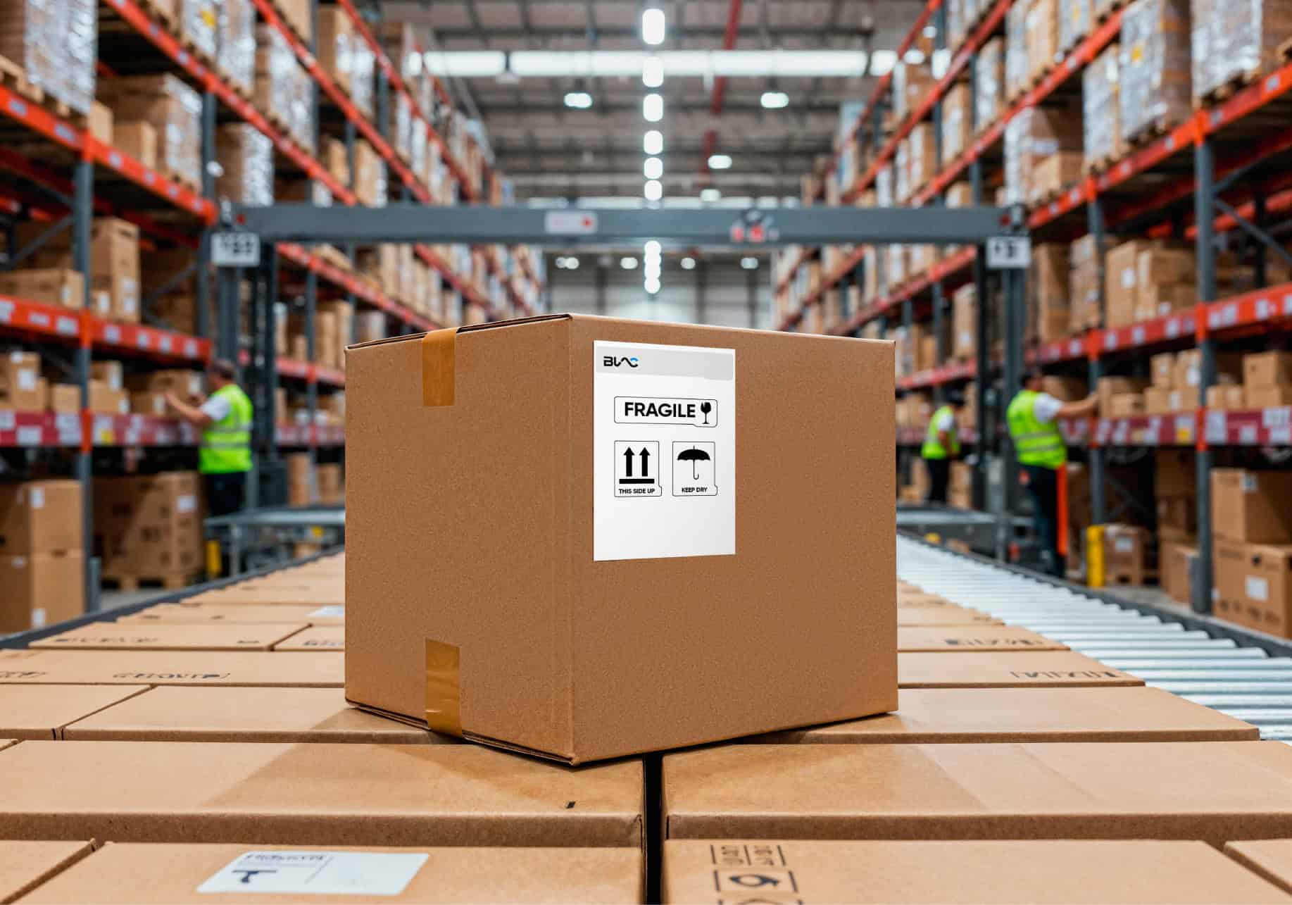 Smart label on a package in a busy warehouse for cargo tracking.