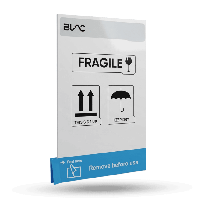 Cargo label with fragile, keep dry, and orientation instructions for logistics.