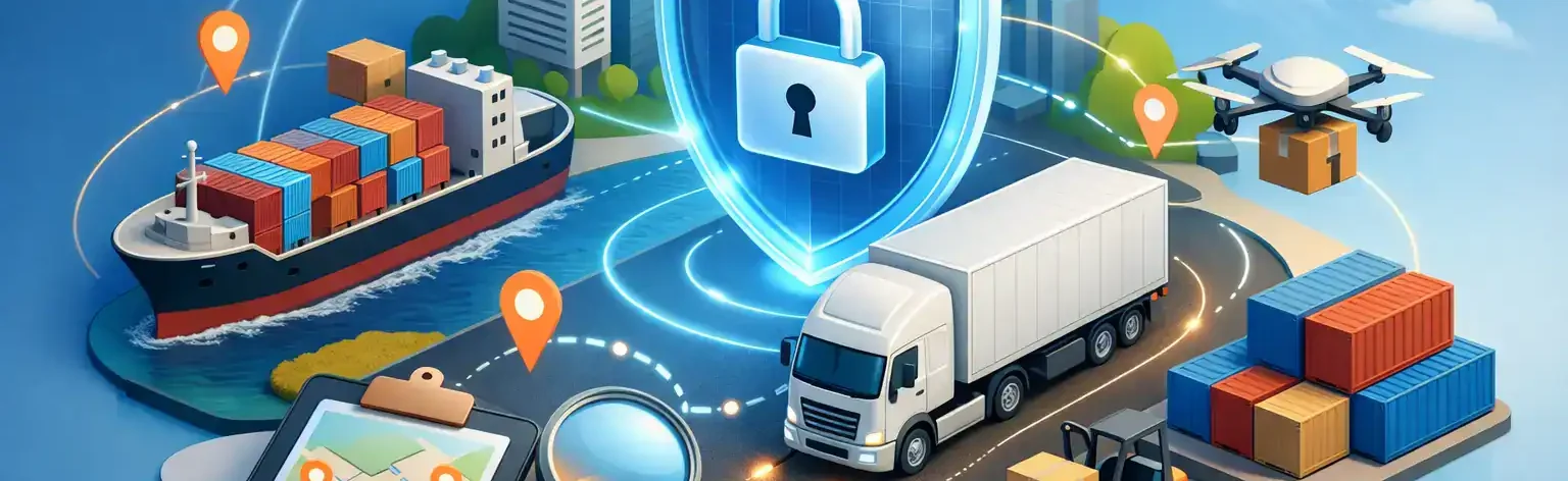 Cargo ships, trucks, and aircraft with security shield for supply chain monitoring.