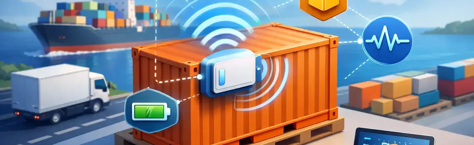 Wireless cargo sensor device with shipping and transport icons.