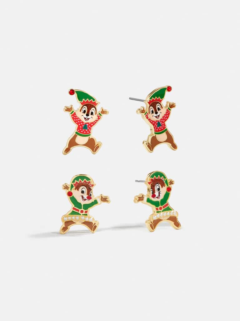 Colorful Disney Christmas enamel elf earrings featuring Tinker Bell and friends, holiday jewelry, and Disney character accessories.