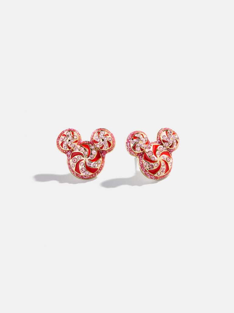 Pink Disney Mickey Mouse earrings with candy swirl design, sparkling rhinestones, and gold accents.